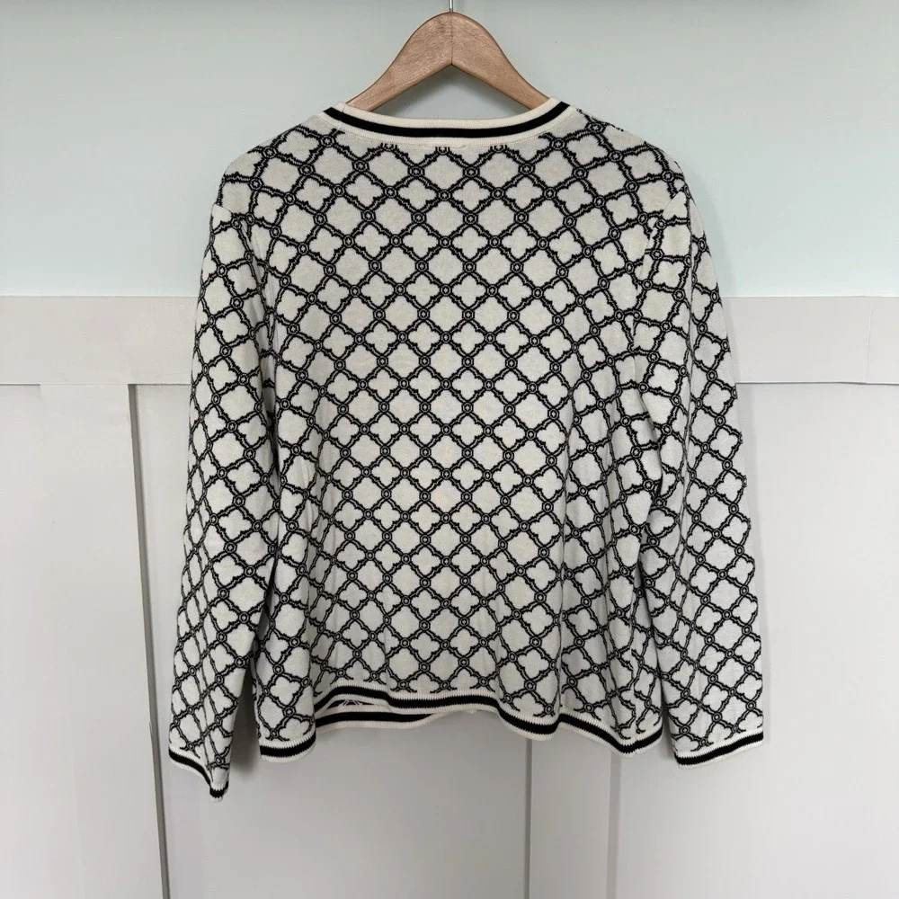 Talbots V-Neck Cardigan Lattice Jacquard XL Black Off White Career Casual Preppy